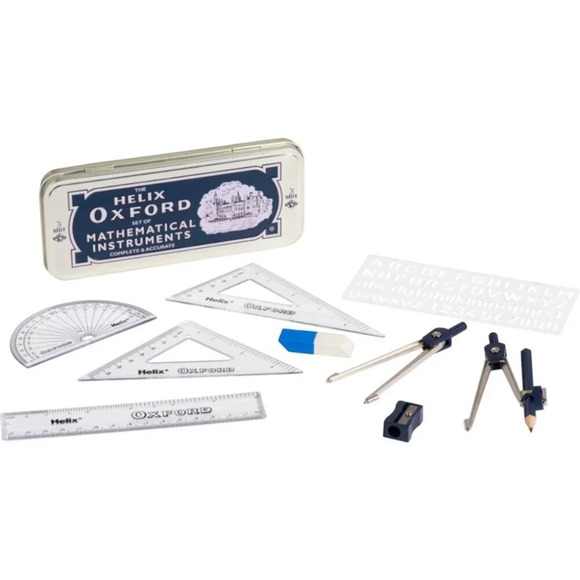 Helix Oxford Set Of Mathematical Instruments Set Dark Blue Vintage Storage Tin - Picture 2 of 6